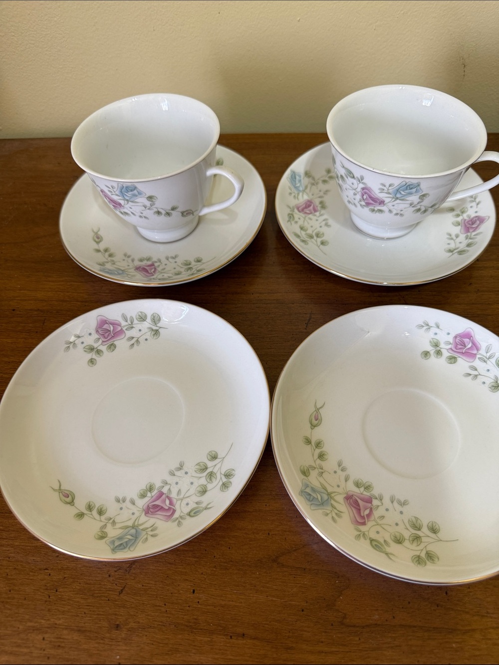 Elegant White Porcelain Tea Set with Pink Rose Pattern two cups four saucers